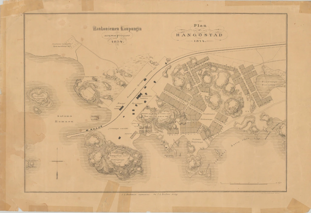 Hangon ensimmäinen asemakaava 1874. Hangös första stadsplan 1874. The first city plan of Hanko from 1874.