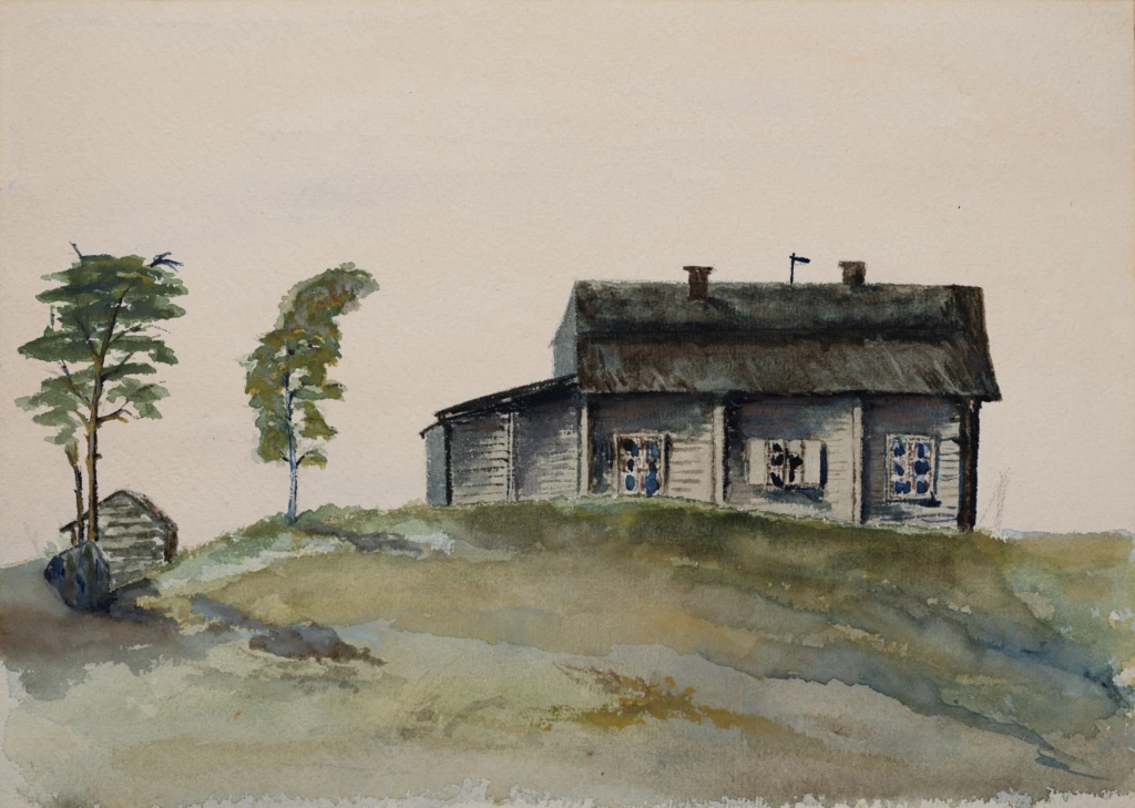 Akvarellimaalaus, Fohlin tupa, taiteilija Alex R. Spoof 1876. En akvarell av Fohlinska stugan, konstnär Alex R. Spoof 1876. An aquarel painting of the Fohlin cottage. Painted by Alex R. Spoof in 1876.