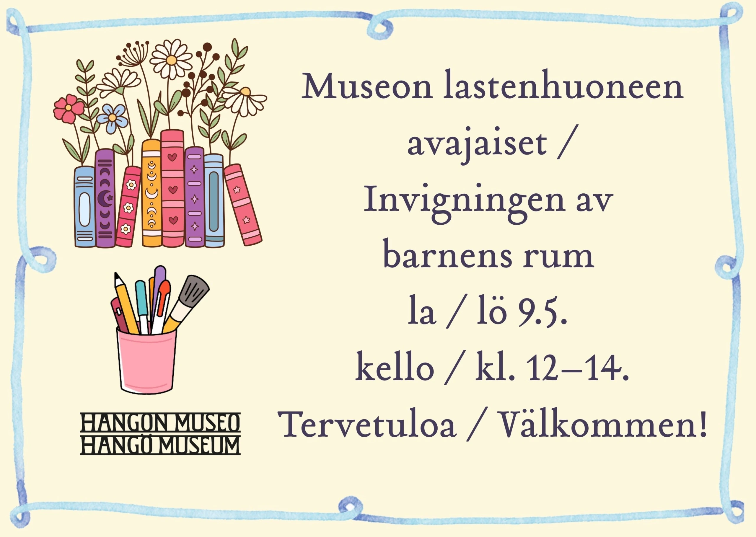 Laastenhuoneen avajaisilmoitus; kuvituksena kirjoja, kukkia ja värikyniä